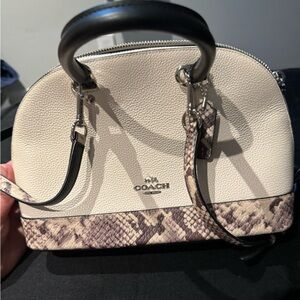 Coach crossbody bag with animal print trim on the bottom and strap.